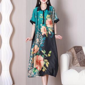 Polo Neck Silk Short Sleeves Dress Flowers Elegant Shirt Dress