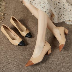 Color Block Peep Toe Shoes Chunky Heels Leather Footwear