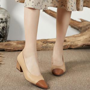 Color Block Peep Toe Shoes Chunky Heels Leather Footwear