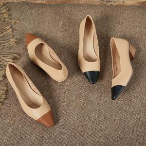 Color Block Peep Toe Shoes Chunky Heels Leather Footwear