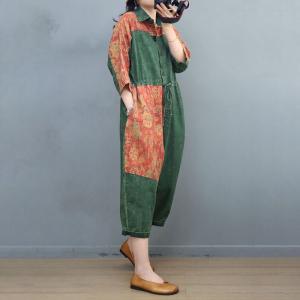 High-Waited Tied Folk Patchwork Olive Drab Jumpsuits