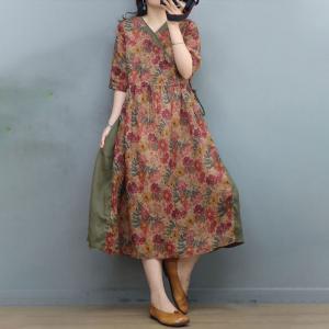 Summer Beach Floral Dress Loose Ramie Tied Waist Dress