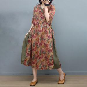 Summer Beach Floral Dress Loose Ramie Tied Waist Dress