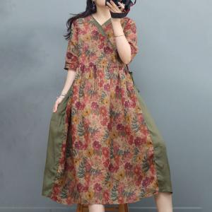 Summer Beach Floral Dress Loose Ramie Tied Waist Dress