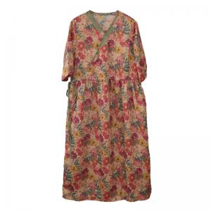 Summer Beach Floral Dress Loose Ramie Tied Waist Dress