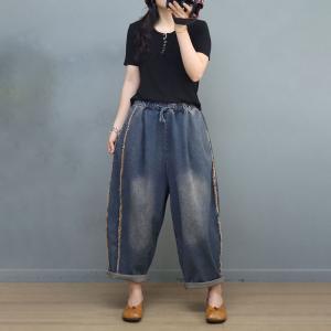Stone Wash Baggy Fringed Jeans Pull-On Wide Leg Jeans