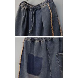Stone Wash Baggy Fringed Jeans Pull-On Wide Leg Jeans