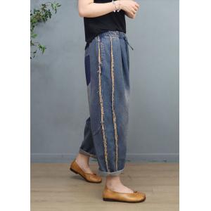 Stone Wash Baggy Fringed Jeans Pull-On Wide Leg Jeans