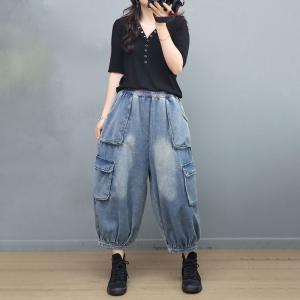 Street Style Versatile Cargo Jeans Flap Pockets Light Wash Jeans