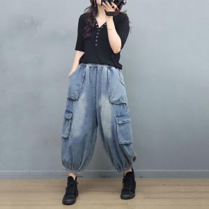 Street Style Versatile Cargo Jeans Flap Pockets Light Wash Jeans