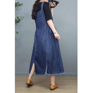 Raw Hem Side Belted Overall Dress Denim A-Line Jumper Dress