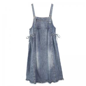 Raw Hem Side Belted Overall Dress Denim A-Line Jumper Dress