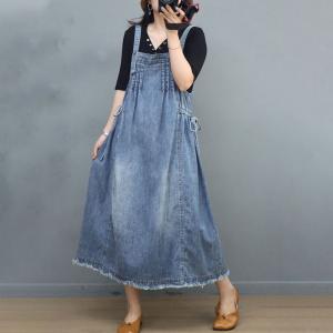 Raw Hem Side Belted Overall Dress Denim A-Line Jumper Dress