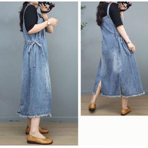 Raw Hem Side Belted Overall Dress Denim A-Line Jumper Dress