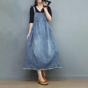 Raw Hem Side Belted Overall Dress Denim A-Line Jumper Dress