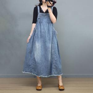 Raw Hem Side Belted Overall Dress Denim A-Line Jumper Dress