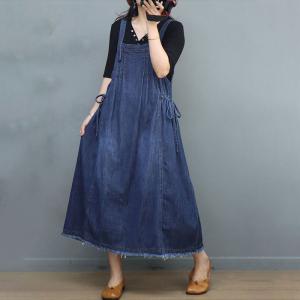 Raw Hem Side Belted Overall Dress Denim A-Line Jumper Dress