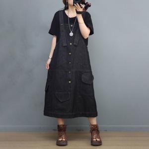 90s Fashion A-Line Jumper Dress Button Fly Jean Overalls Dress