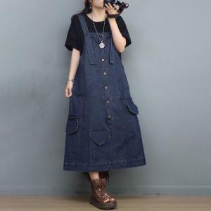 90s Fashion A-Line Jumper Dress Button Fly Jean Overalls Dress