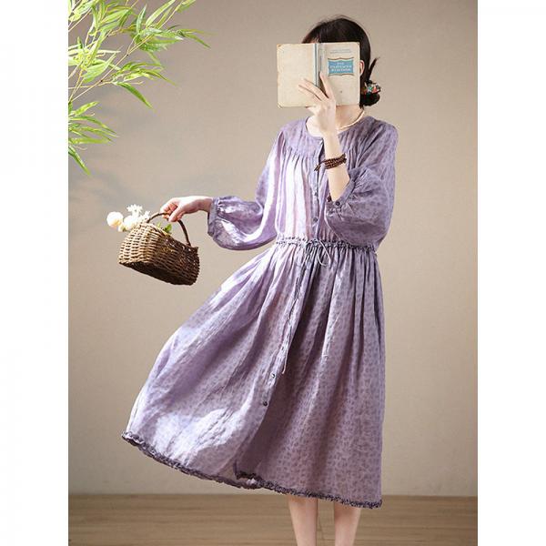 Tied Waist Violet Hawaii Dress Ramie Summer Prairie Dress