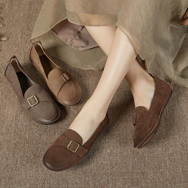 Summer Cowhide Pointed Toe Flats Buckle Straps Low Top Flats