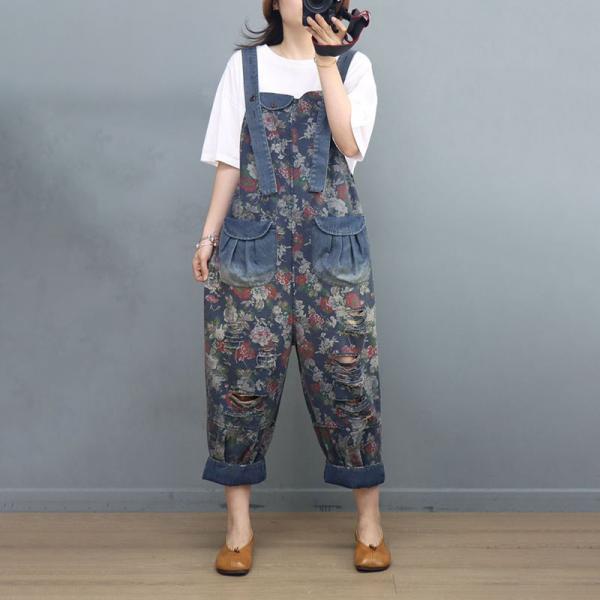 Vertical Pockets Ripped Overalls Baggy Floral Gardening Outfits