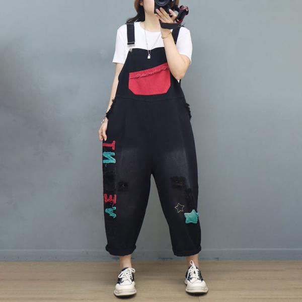 Letter Patchwork Black Travel Overalls Adjustable Straps Baggy Overalls