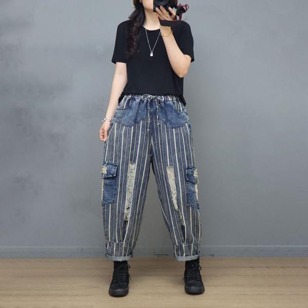 Vertical Striped Straight Leg Jeans Womens Baggy Camo Ripped Jeans