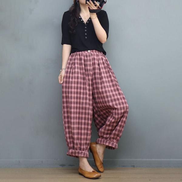 Summer Loose Tartan Pants Plus Size Cotton Checkered Pants