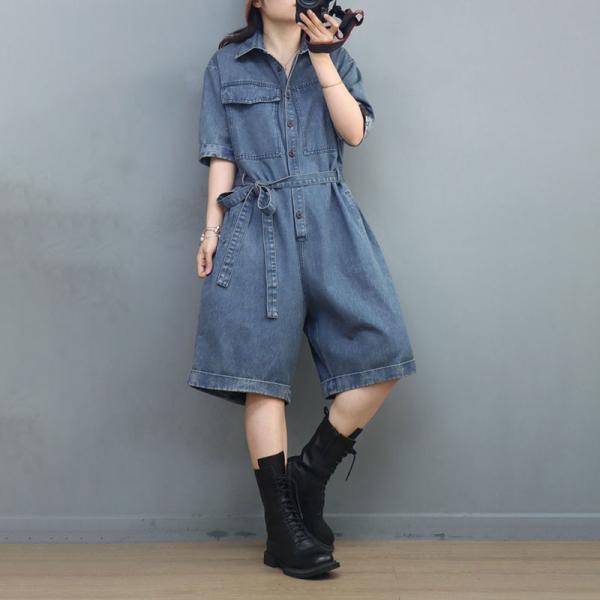 Polo Neck Tied Rompers Wide Leg Denim Rompers for Women