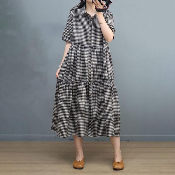 Short Sleeves Black Plaid Dress Cotton Linen Loose Beach Tiered Dress