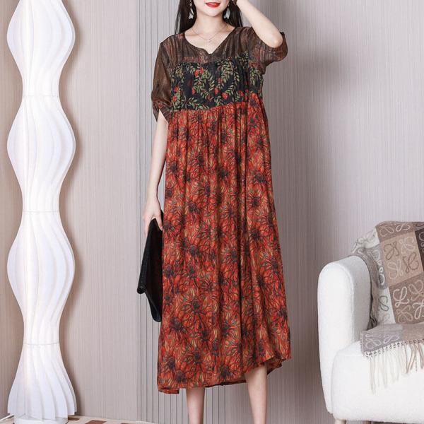 V-Neck Red Floral Resort Dress Summer Silk Shift Dress