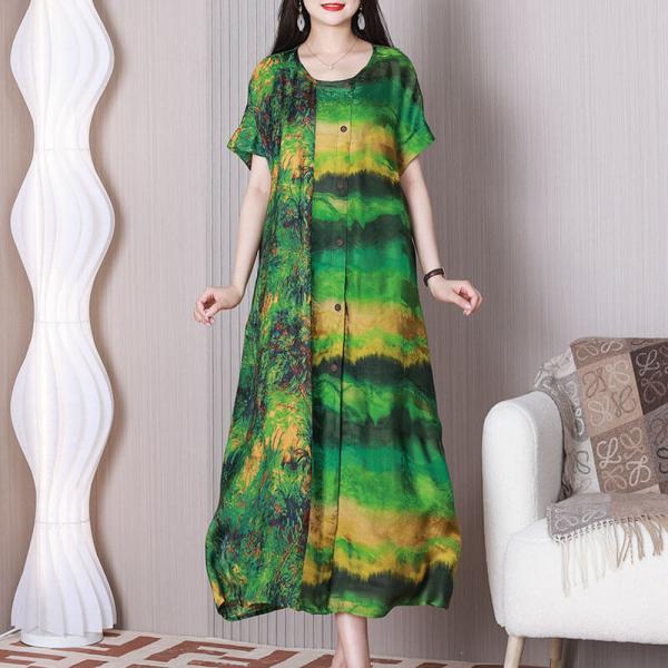 Tropical Green Printed Summer Dress Loose Short Sleeves Dress