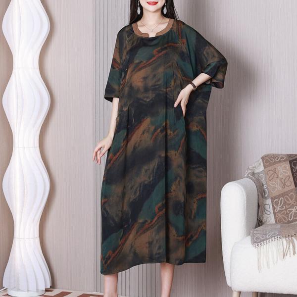 Silk Satin Painted Senior Women Dress Summer Plus Size Caftan