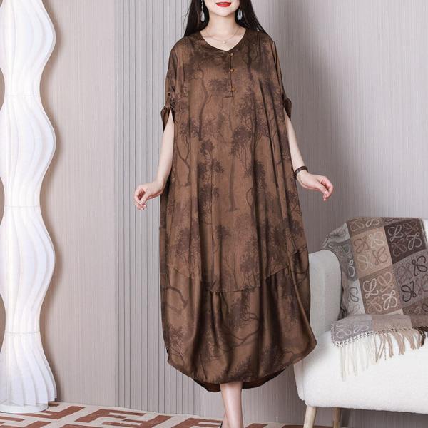 Tree Painted Plus Size Cocoon Dress Coffee Elegant Caftan Dress