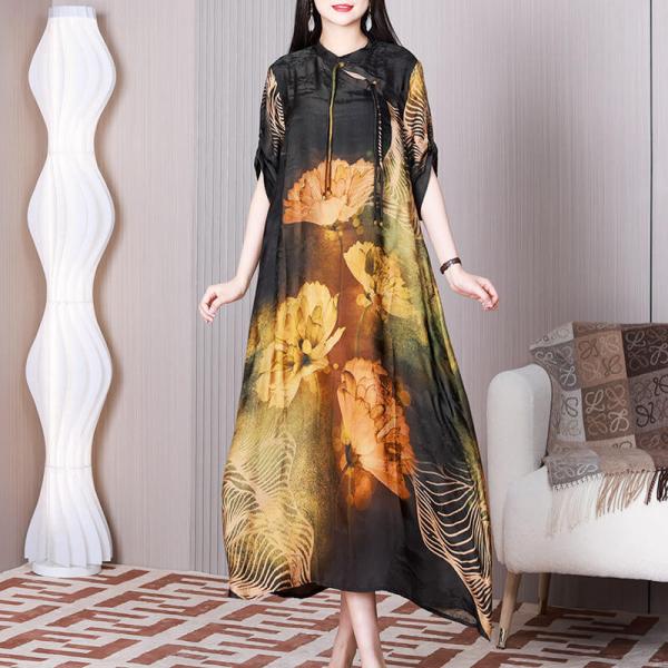 Lotus Flowers Black Modern Qipao Dress Loose Swing Dress