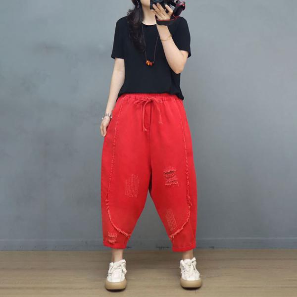 Hippie Style Ripped Jeans Summer Travel Pull-On Pants