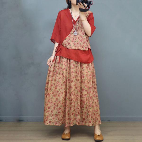 V-Neck Floral Tied Kimono Blouse with Ramie A-Line Maxi Skirt