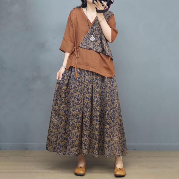 Breathable Hawaii Tied Kimono with Ramie Floral Skirt