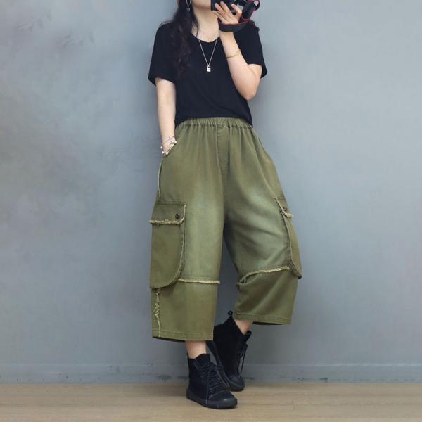 Side Pockets Fringed Cargo Pants Stone Wash Mid-Calf Pants