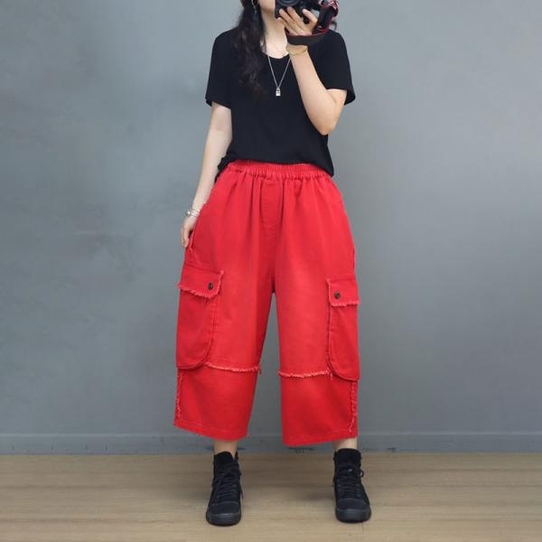 Flap Pockets Red Ankle Pants Straight Leg Baggy Black Pants