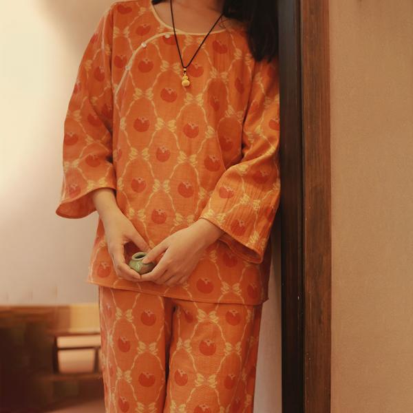 Persimmon Patterned Cotton Pajamas Sets for Women