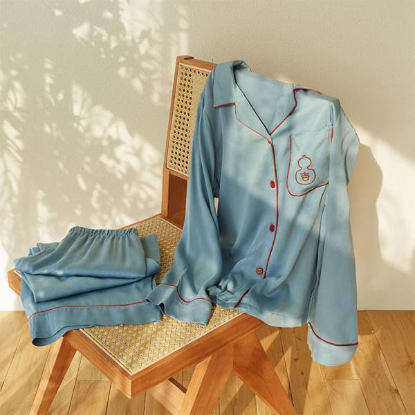 Gourd Embroidery Silk Blue Pajamas Shirt with Loose Wide Leg Pants