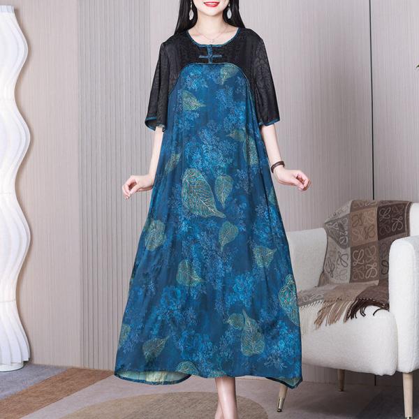 Leaf and Floral Pattered Dress Loose Silk Blue Dress