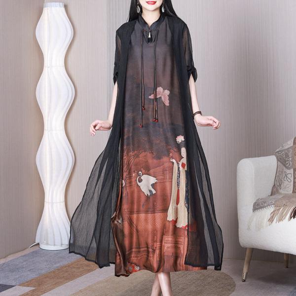 Crane and Women Character Flouncing Dress Mulberry Silk Loose Qipao