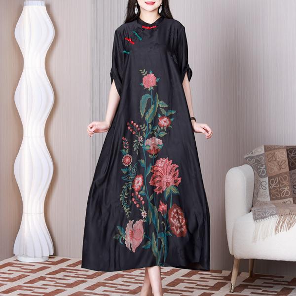 Red Peony Black Cheongsam Jacquard Modest Chinese Dress