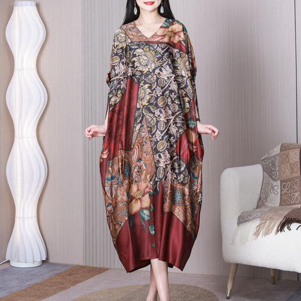 Dense Flowers Red Cocoon Dress Plus Size Modest Caftan