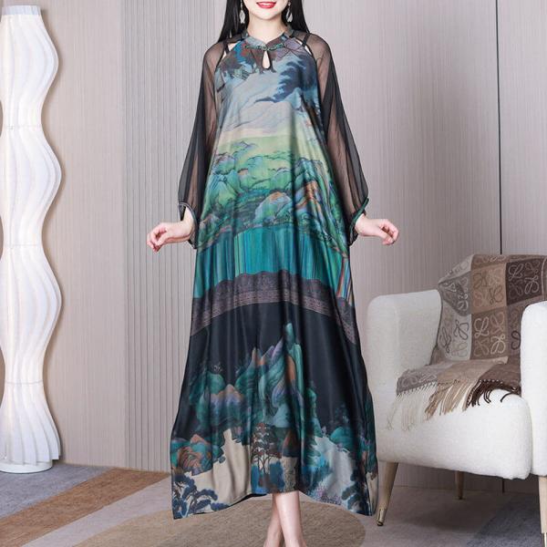 Hollow Out Painted Chinese Cheongsam Sheer Sleeves Modern Dress