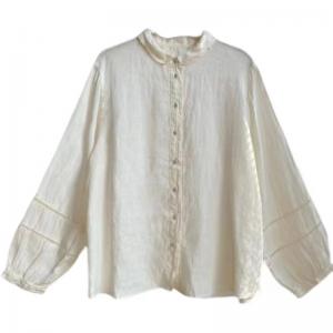 Lantern Sleeves Hollow Out Linen Blouse Comfy Beach Shirt