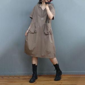 Front Pockets Cotton Hooded Dress Plus Size Casual Dress